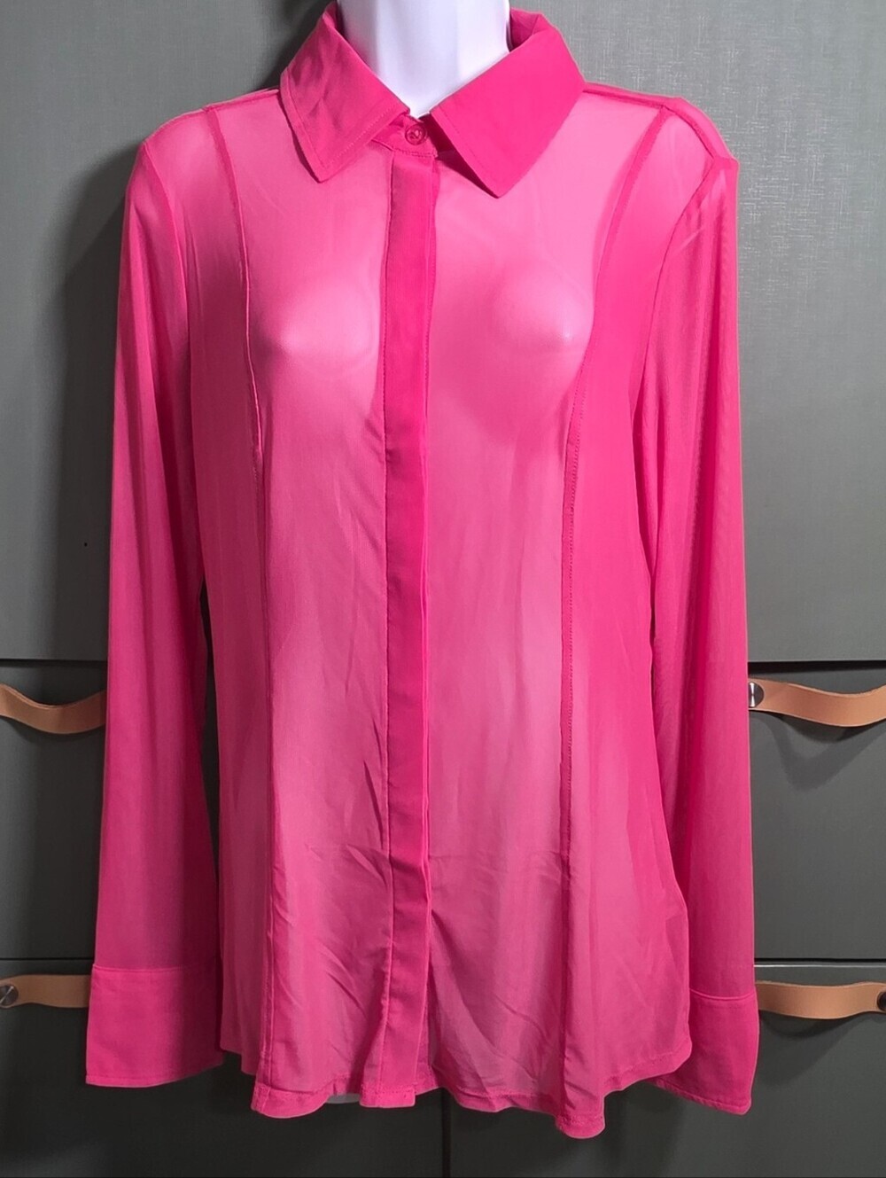 745 NWT Good American Ballerina Pink Sheer Mesh Button Up Shirt - Small